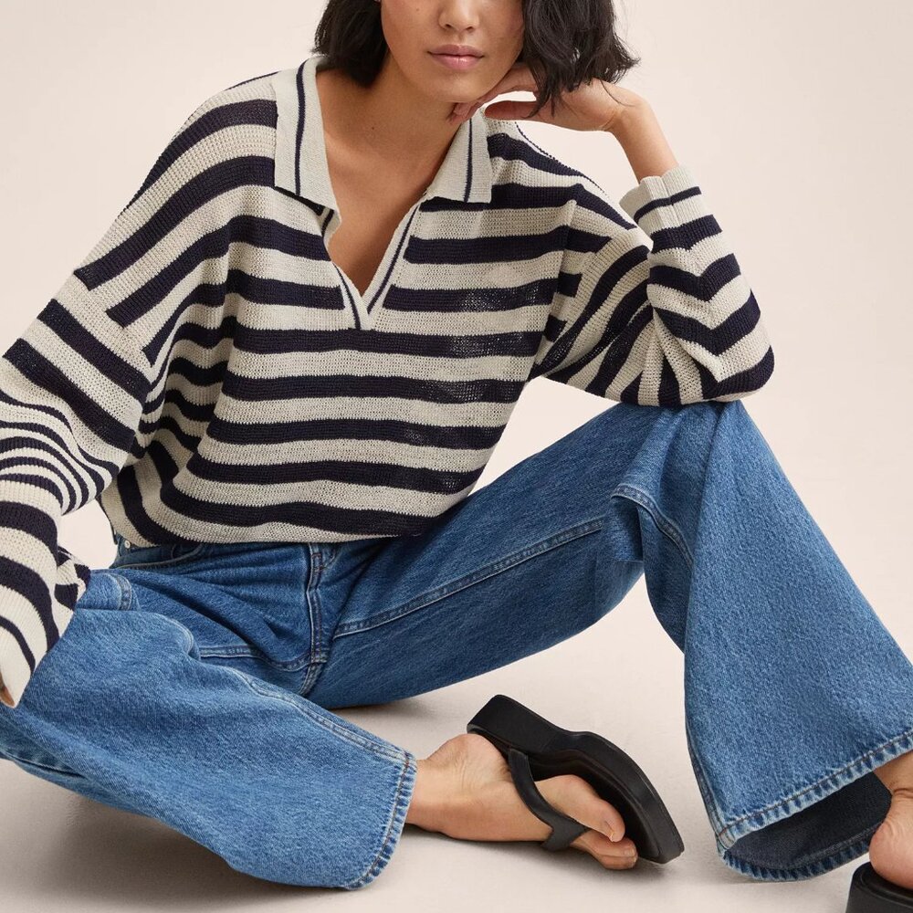 MNG Women's Cream and Navy Striped Cropped Jersey Polo Shirt